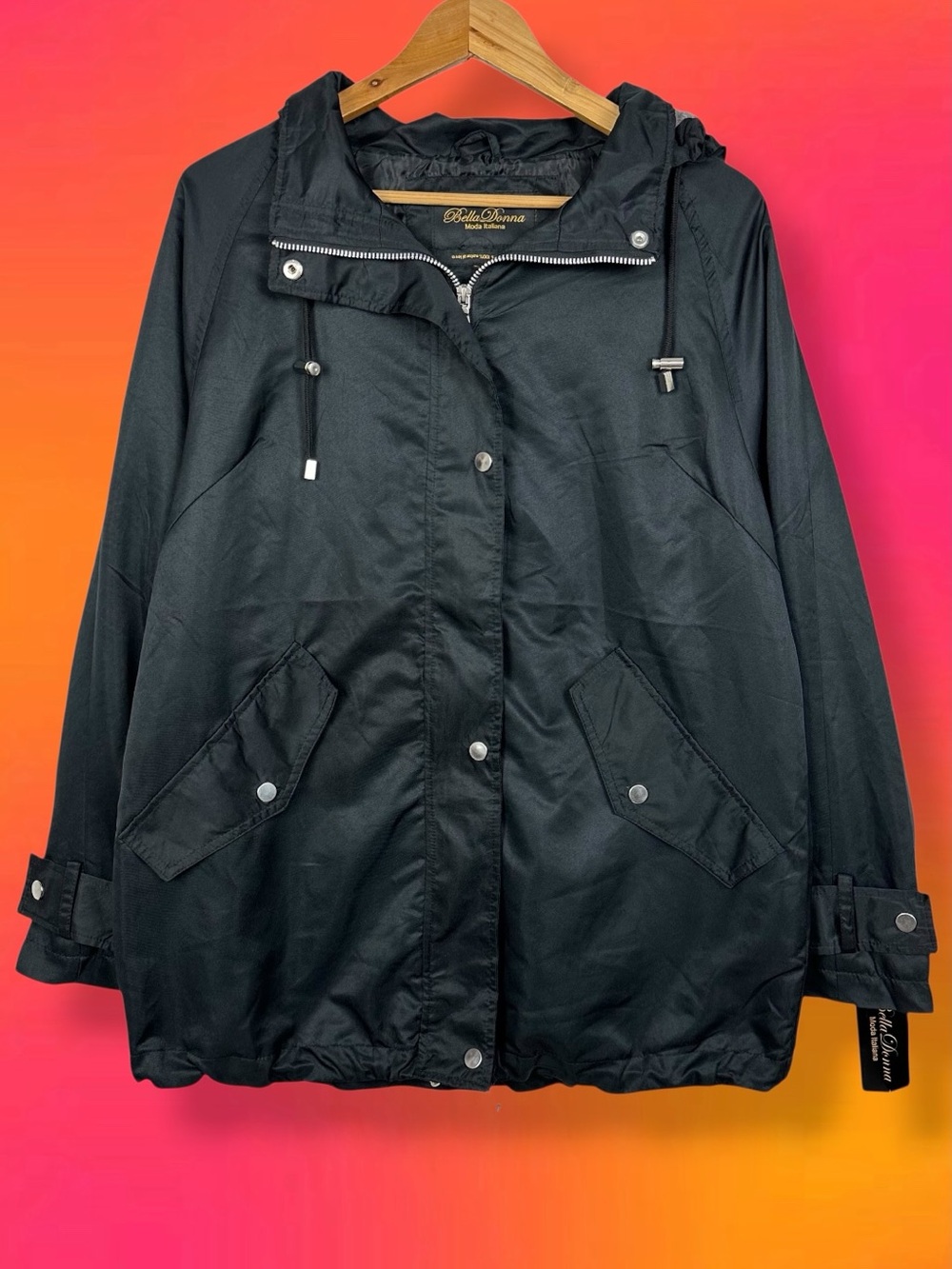 Bella Donna Moda Italiana Hooded Lightweight Full Zip Up Utility Jacket Black